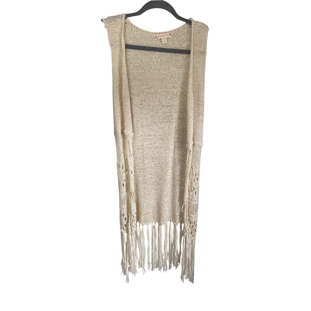 Its Our Time Cream Beige Open Knit Fringe Vest Sleeveless Cardigan Small Boho